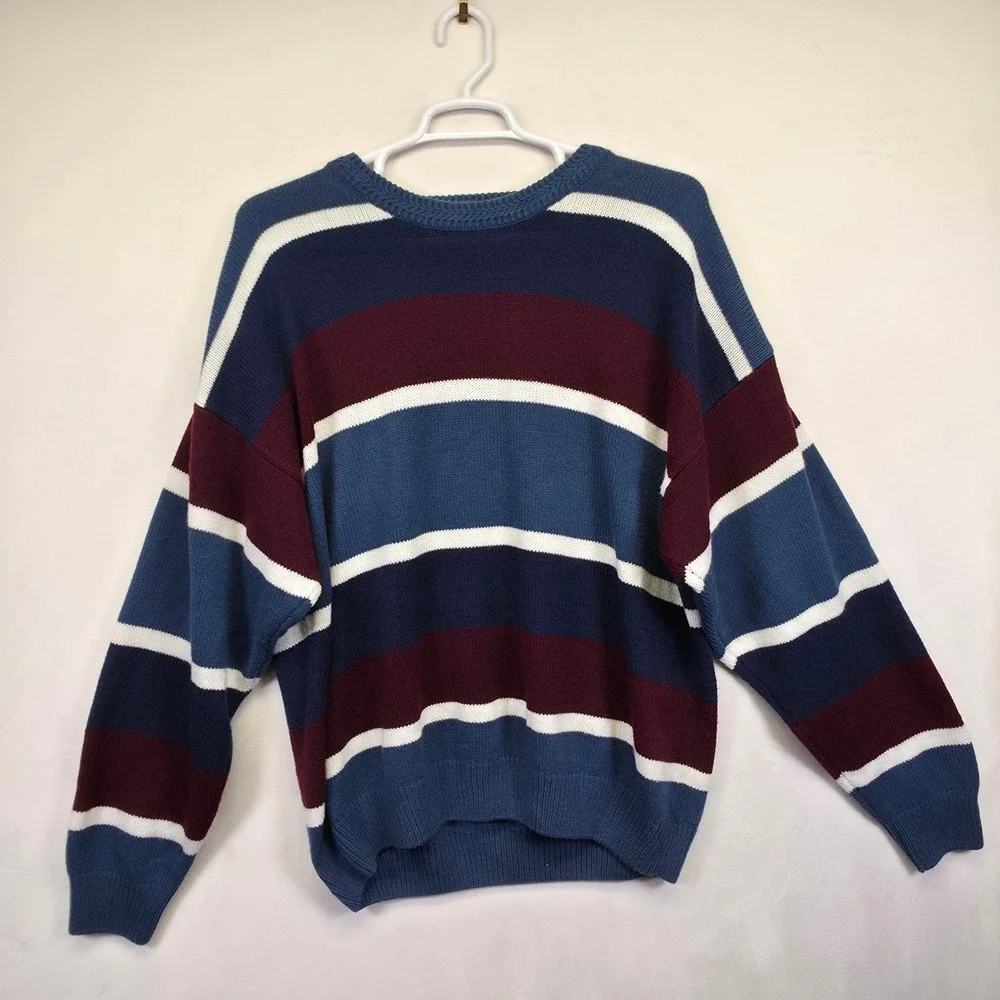 American Weekend Sweater Men 2XL Red Blue Striped Cable Knit Oversized Retro VTG